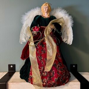 Christmas Angel Tree Topper with Porcelain Face and Hands, Feather Wings